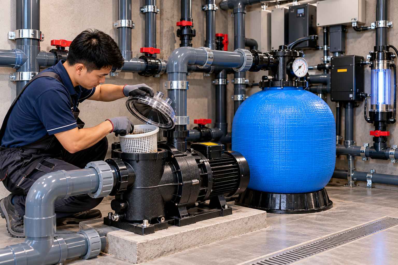 Khoảng trống bảo trì trong phòng máy bể bơi