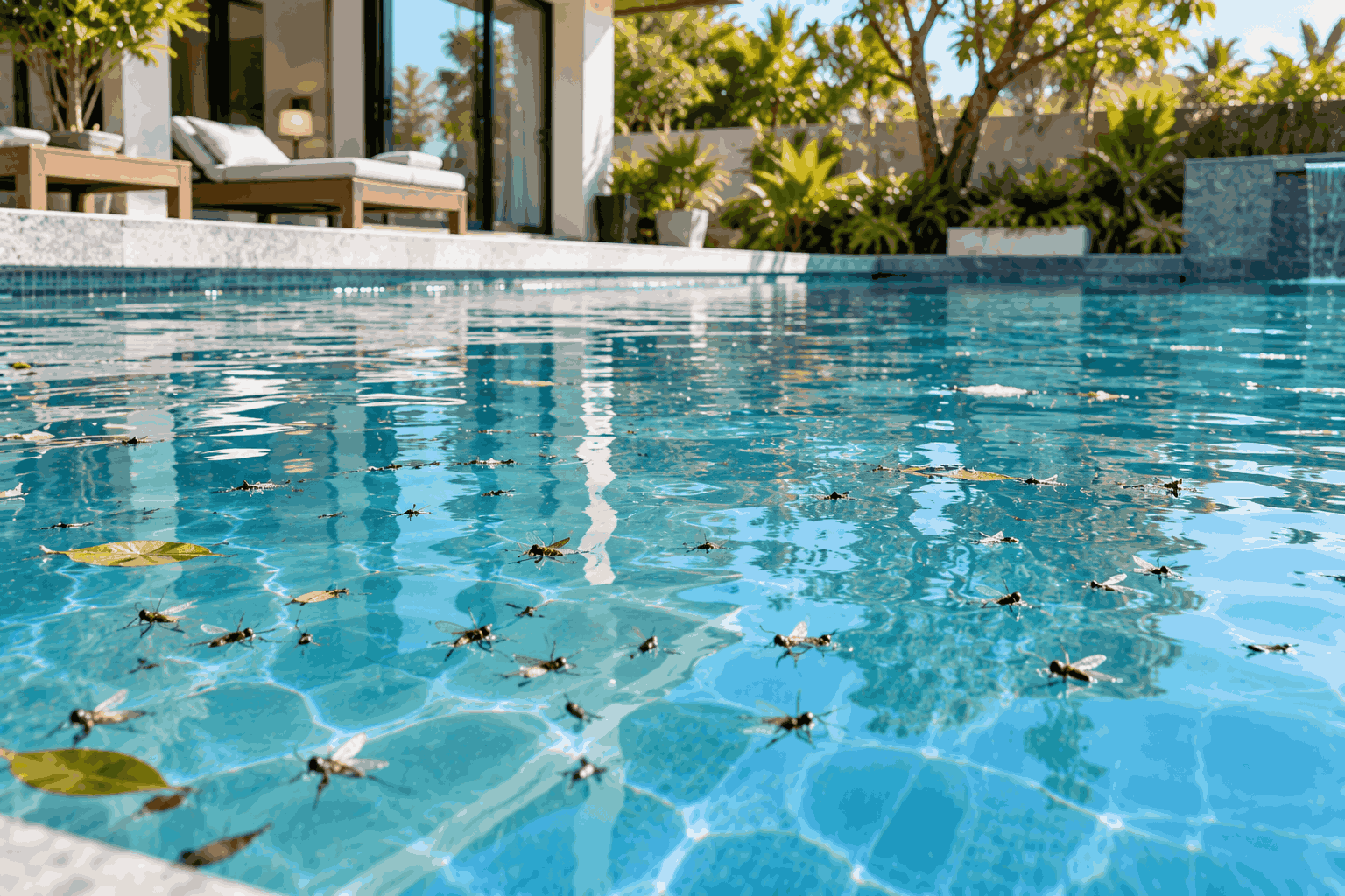 Bể villa ngoài trời có nhiều côn trùng nhỏ chết nổi rải rác trên mặt nước