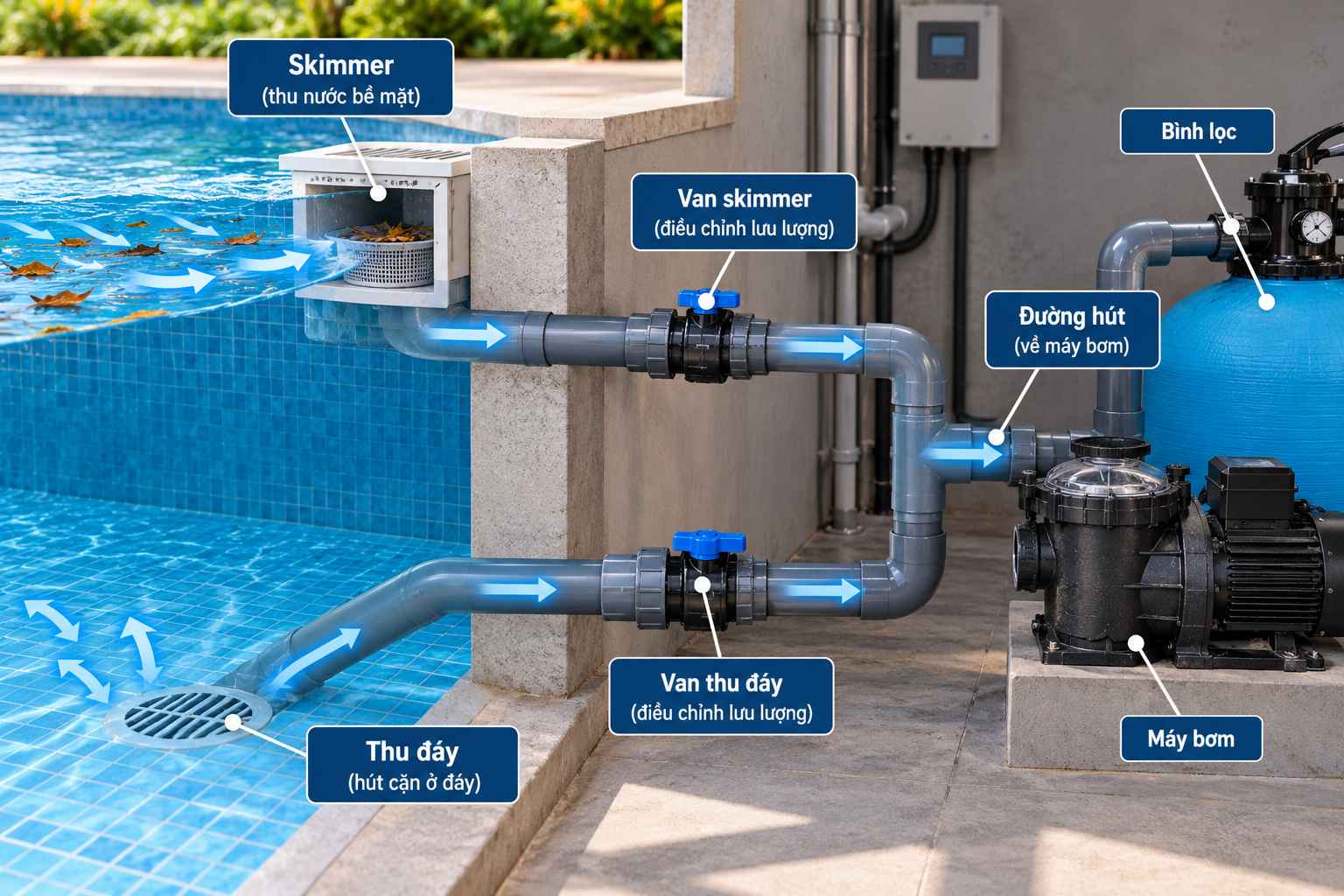 Cân bằng lưu lượng bể bơi giữa skimmer và thu đáy
