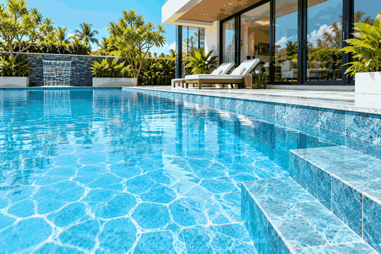 Bể villa sau xử lý có nước trong, thành và đáy sạch