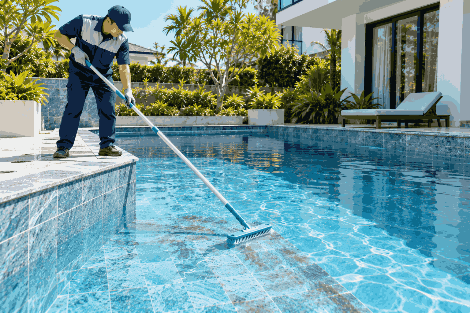 Kỹ thuật viên đứng trên thành bể dùng bàn chải cán dài cọ đáy