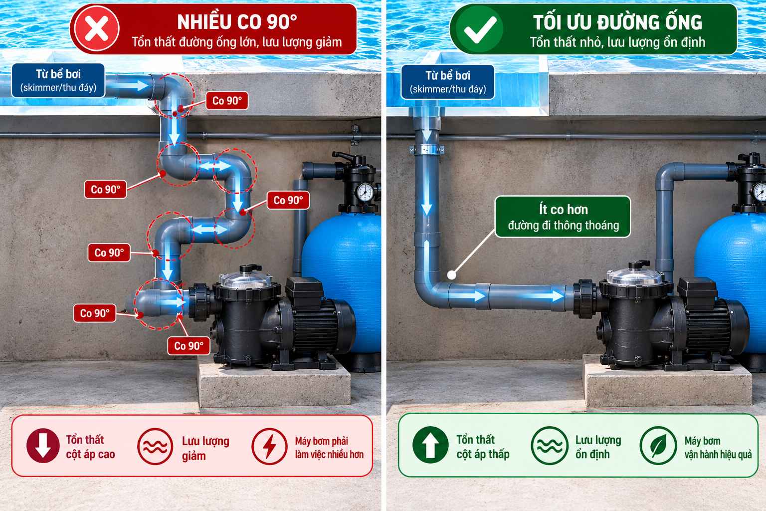 Tổn thất đường ống bể bơi do nhiều co 90 độ