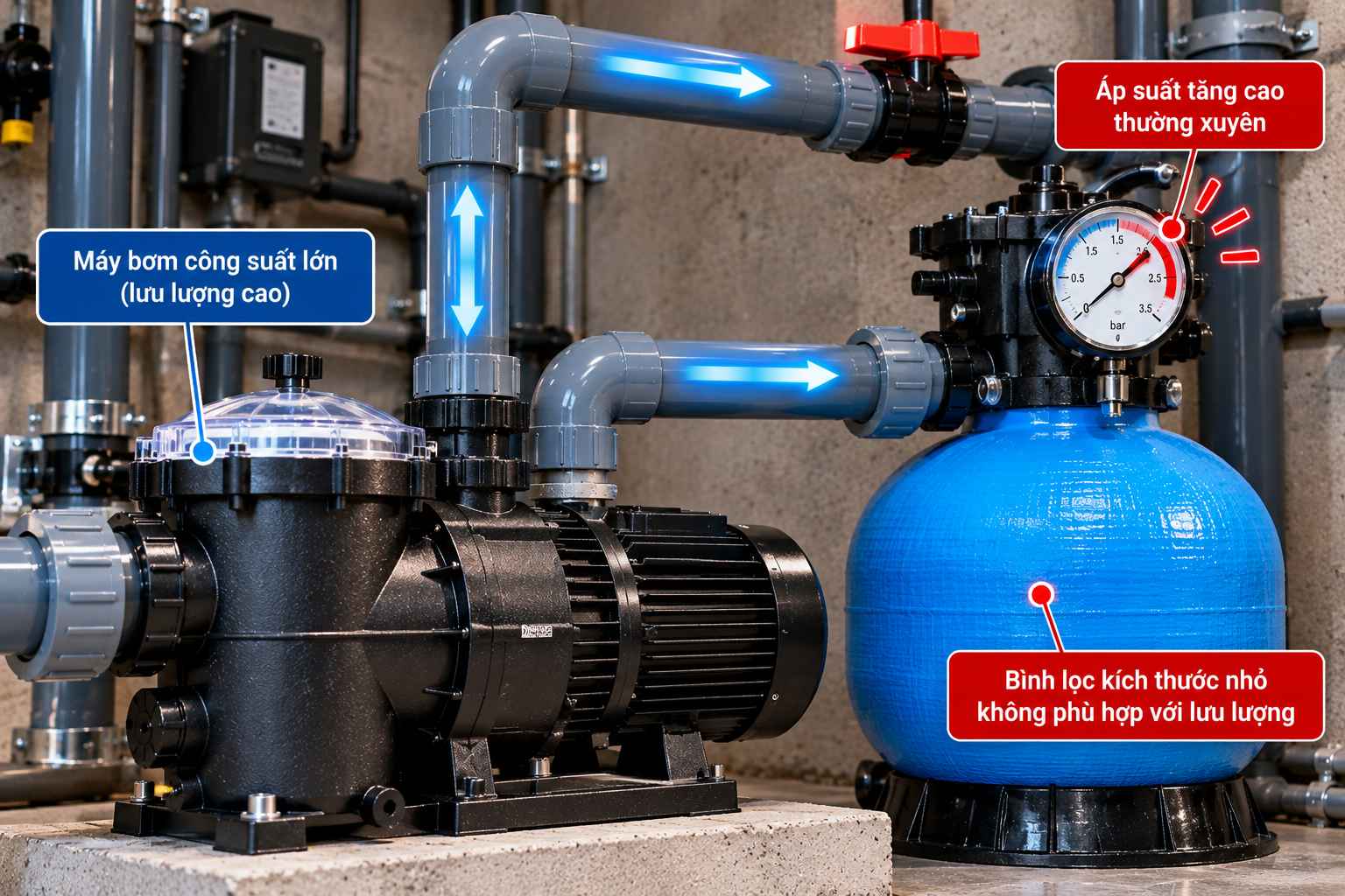 Máy bơm và bình lọc bể bơi chọn sai công suất