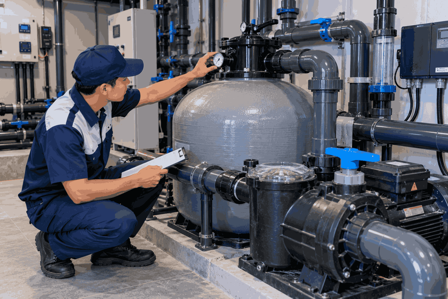 Kỹ thuật viên kiểm tra bình lọc và hệ thống tuần hoàn trong phòng máy