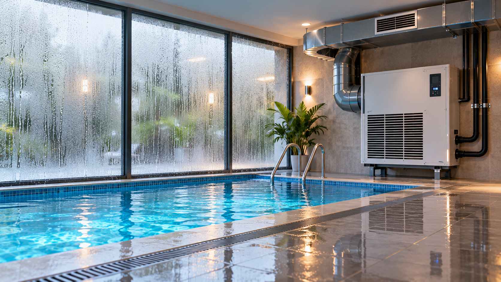 máy hút ẩm bể bơi kém hiệu quả khiến kính đọng nước