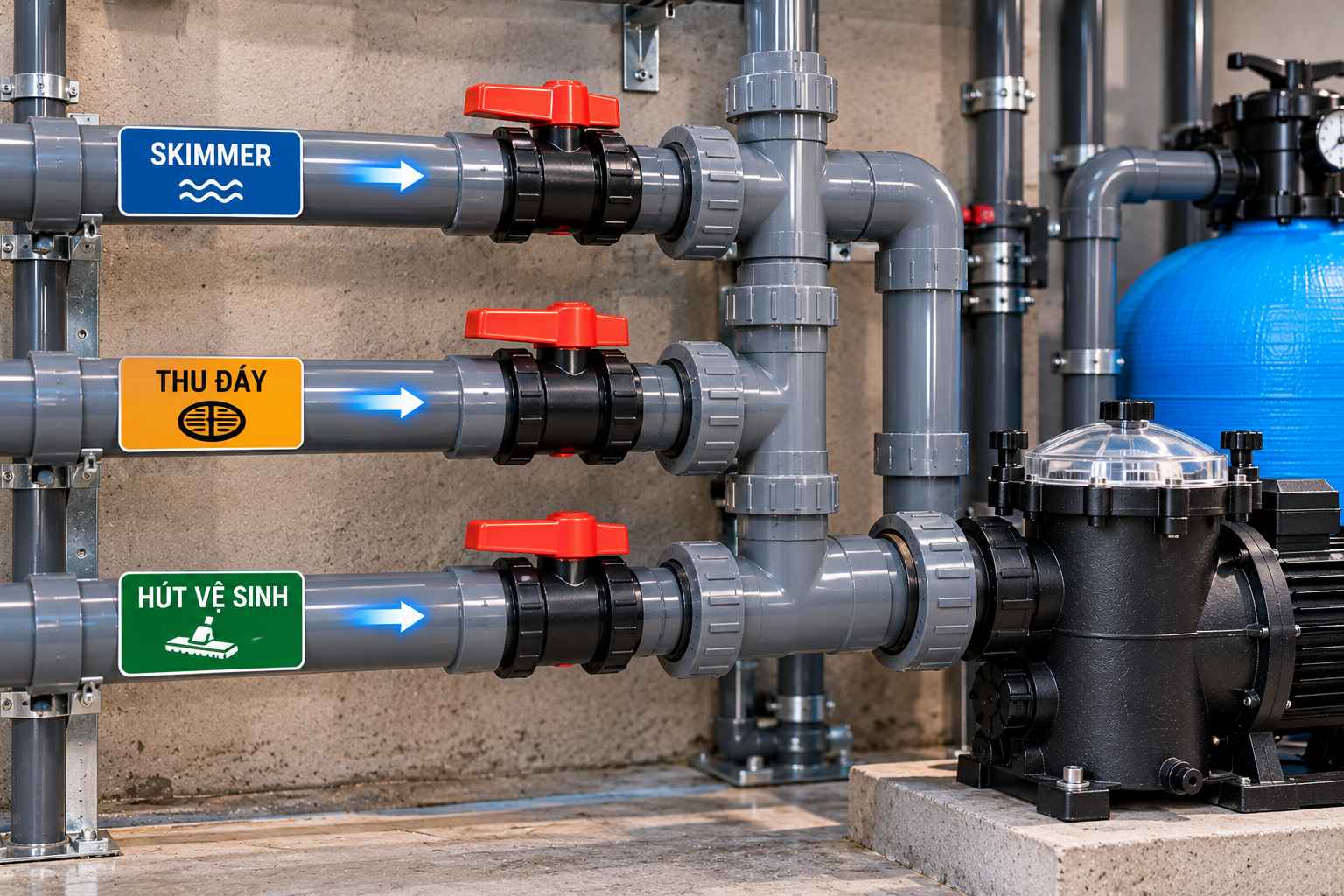 Bố trí van đường hút bể bơi trong phòng máy
