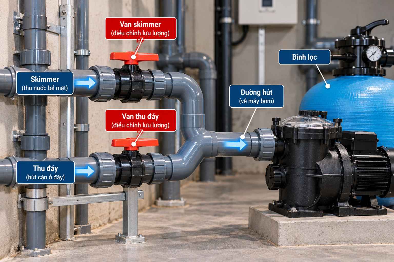 Điều chỉnh van skimmer và thu đáy bể bơi