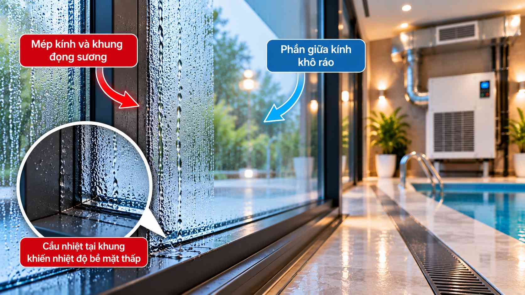 cầu nhiệt khiến kính bể bơi vẫn đọng sương