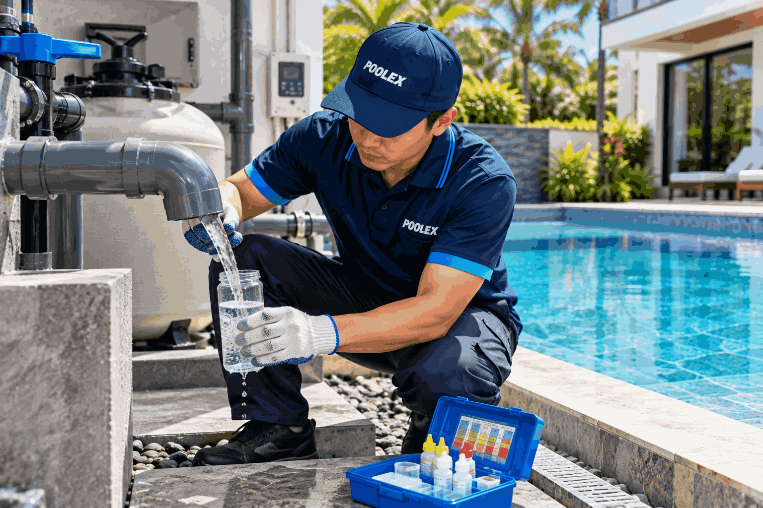Kỹ thuật viên lấy mẫu nước cấp vào bể để kiểm tra chất lượng