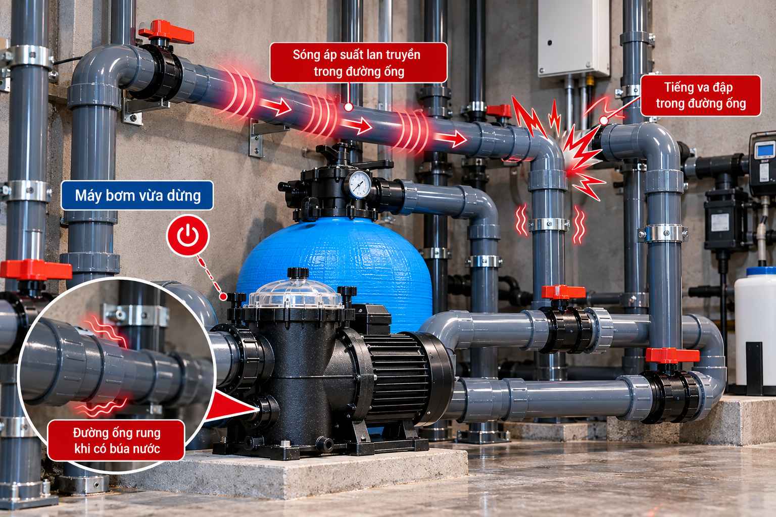 Dấu hiệu búa nước trong hệ thống bể bơi