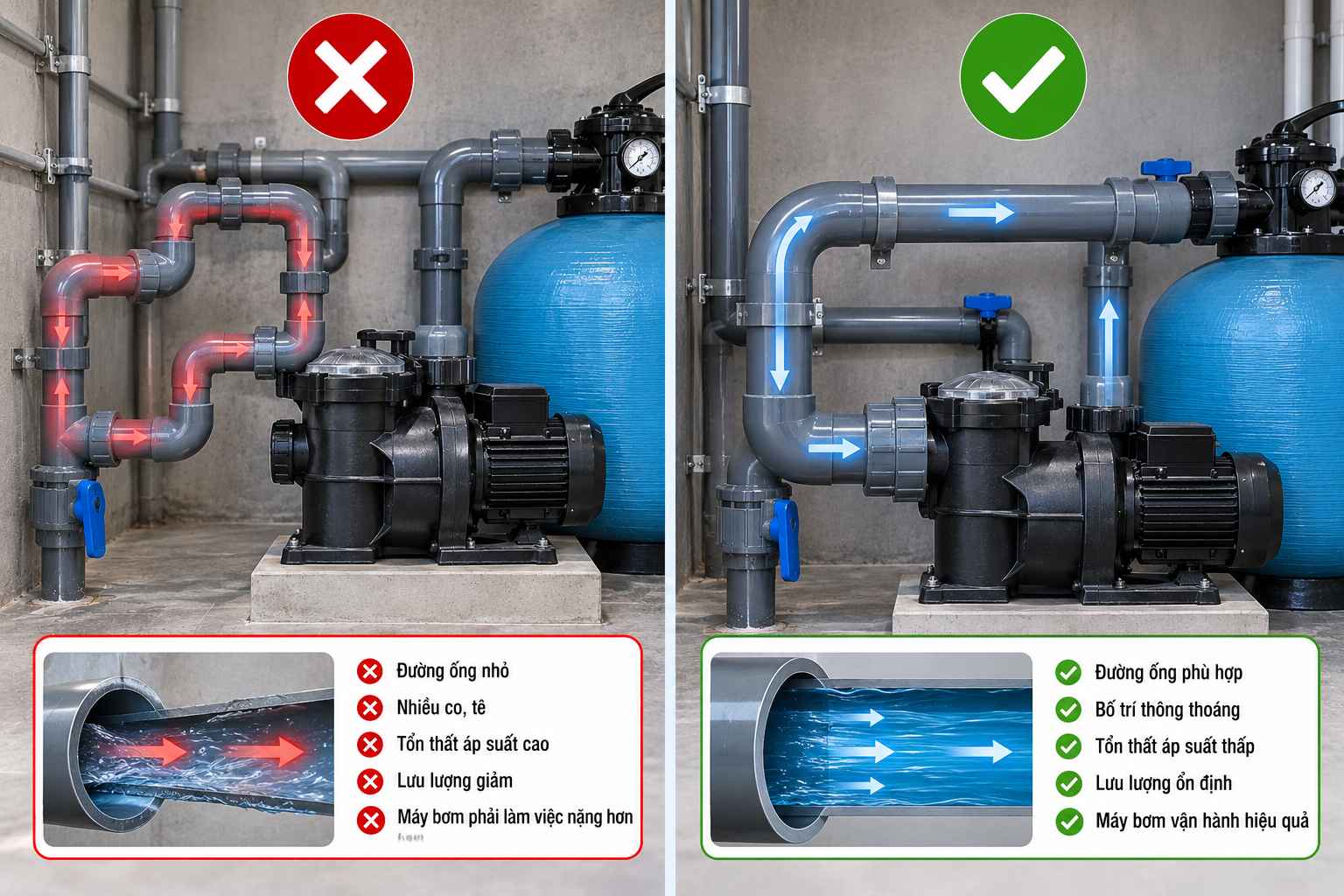 So sánh kích thước đường ống máy bơm bể bơi