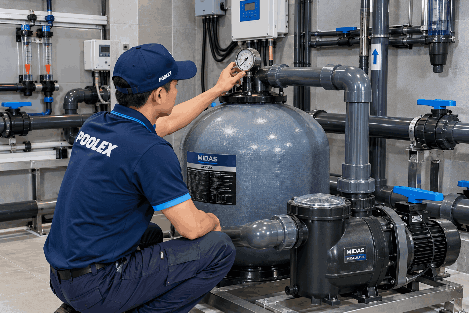 Kỹ thuật viên kiểm tra áp suất bình lọc và hệ thống đường ống phòng máy