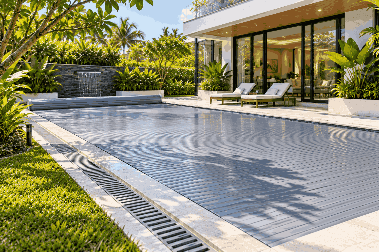 Bể villa được che phủ bằng tấm phủ phù hợp, sân vườn và rãnh thoát nước sạch