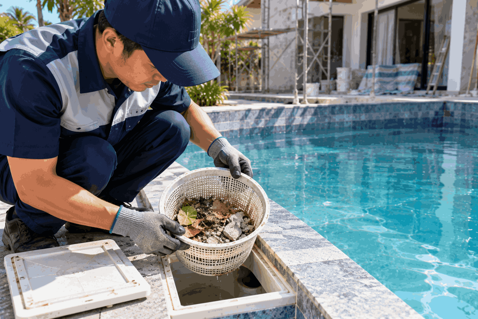 Kỹ thuật viên kiểm tra giỏ skimmer có bụi, lá và vụn vật liệu nhỏ