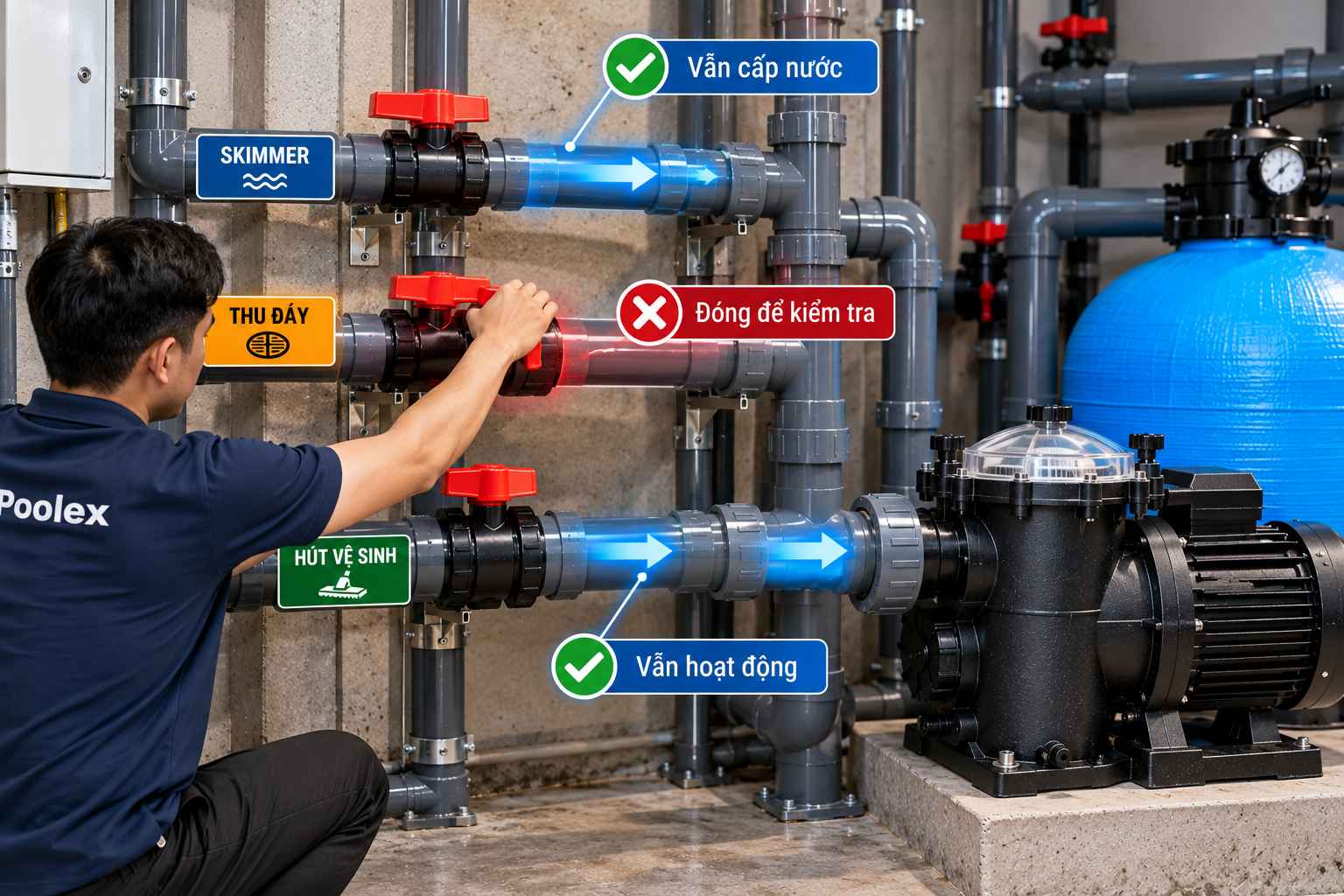 Van đường hút bể bơi giúp cô lập từng nhánh