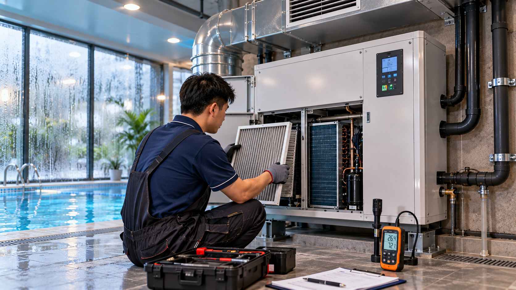kiểm tra máy hút ẩm bể bơi kém hiệu quả