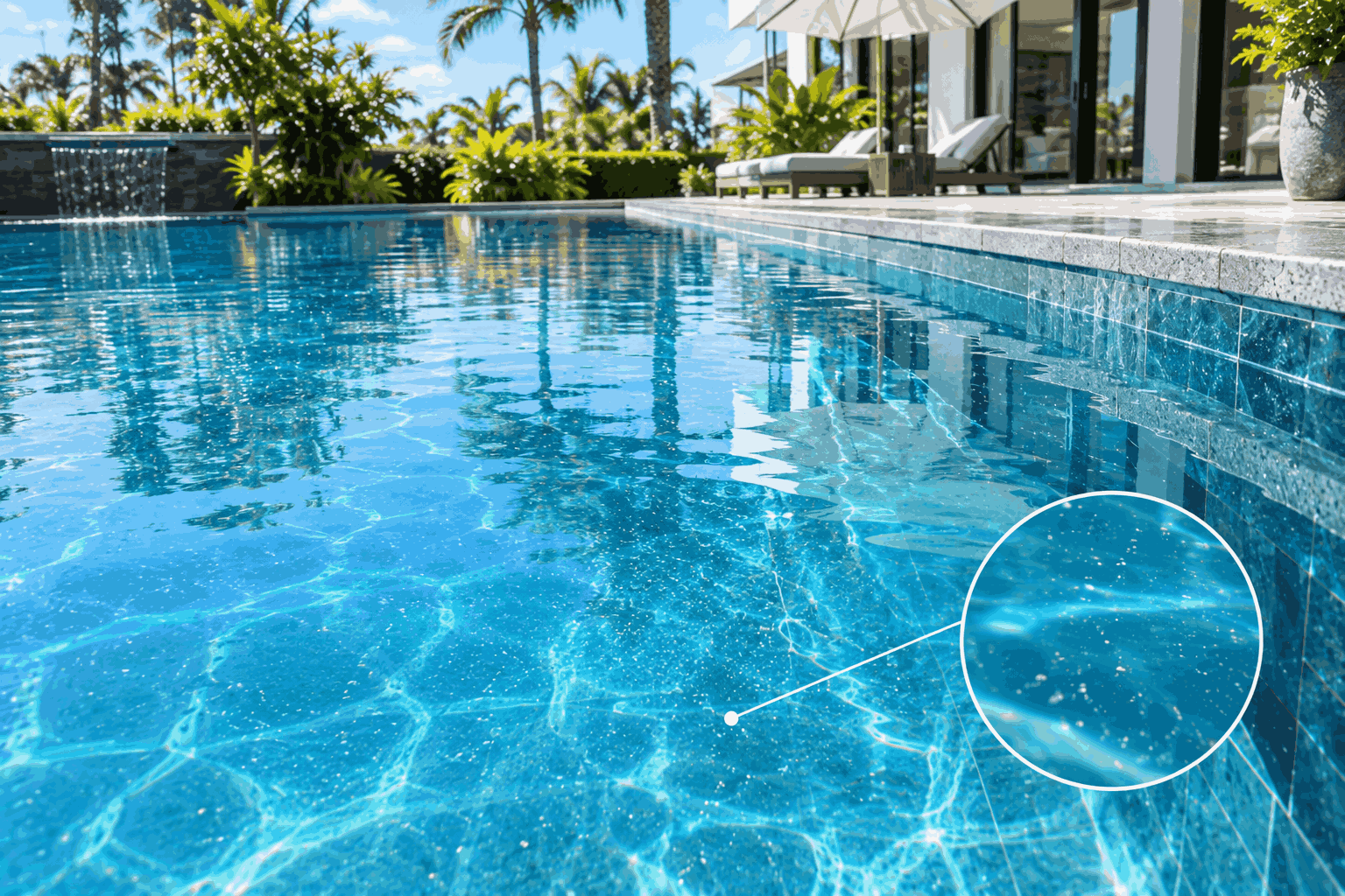 Bể villa có nước trong xanh nhưng xuất hiện nhiều hạt cặn nhỏ lơ lửng dưới ánh nắng