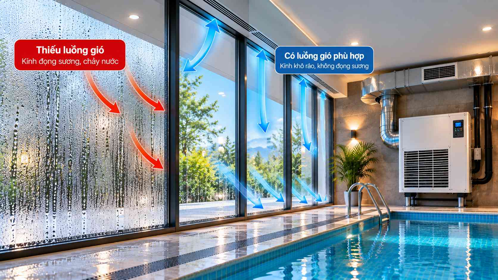 luồng gió ảnh hưởng kính bể bơi đọng sương