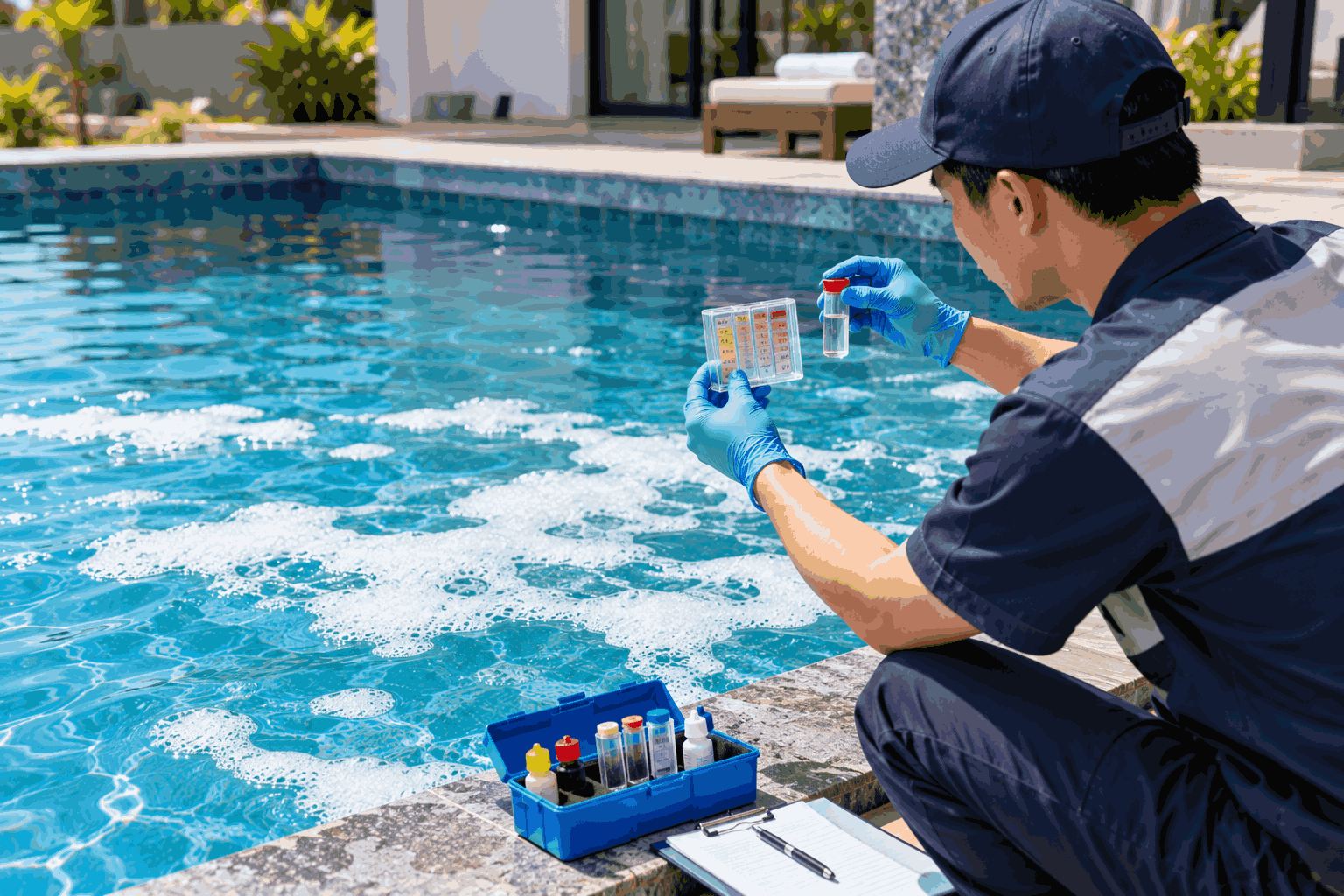 Kỹ thuật viên kiểm tra pH và chất lượng nước